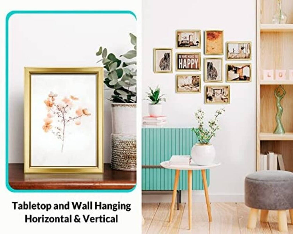 Gold photo frame with teal insert, designed for tabletop and wall display