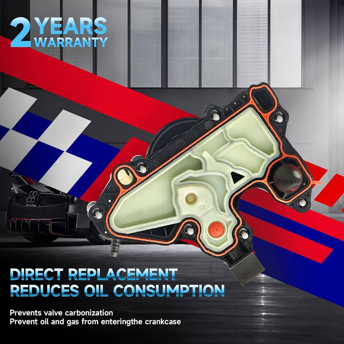 Engine crankcase oil separator valve with light-green cover, black circular actuator, orange trim