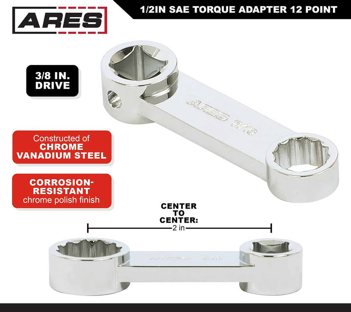 Silver 1/2 in SAE 12-point torque adapter, chrome vanadium steel, dual ends