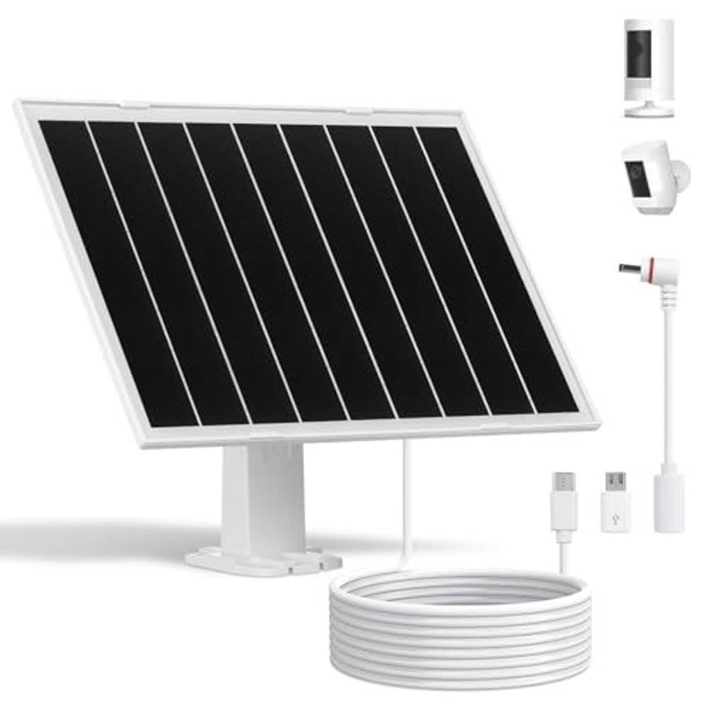 Solar panel charger kit with black panel on white stand and coiled white cable