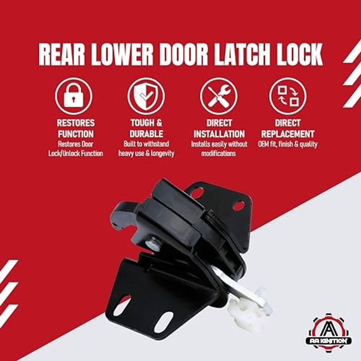 Black rear lower door latch lock replacement part with mounting plate and clips