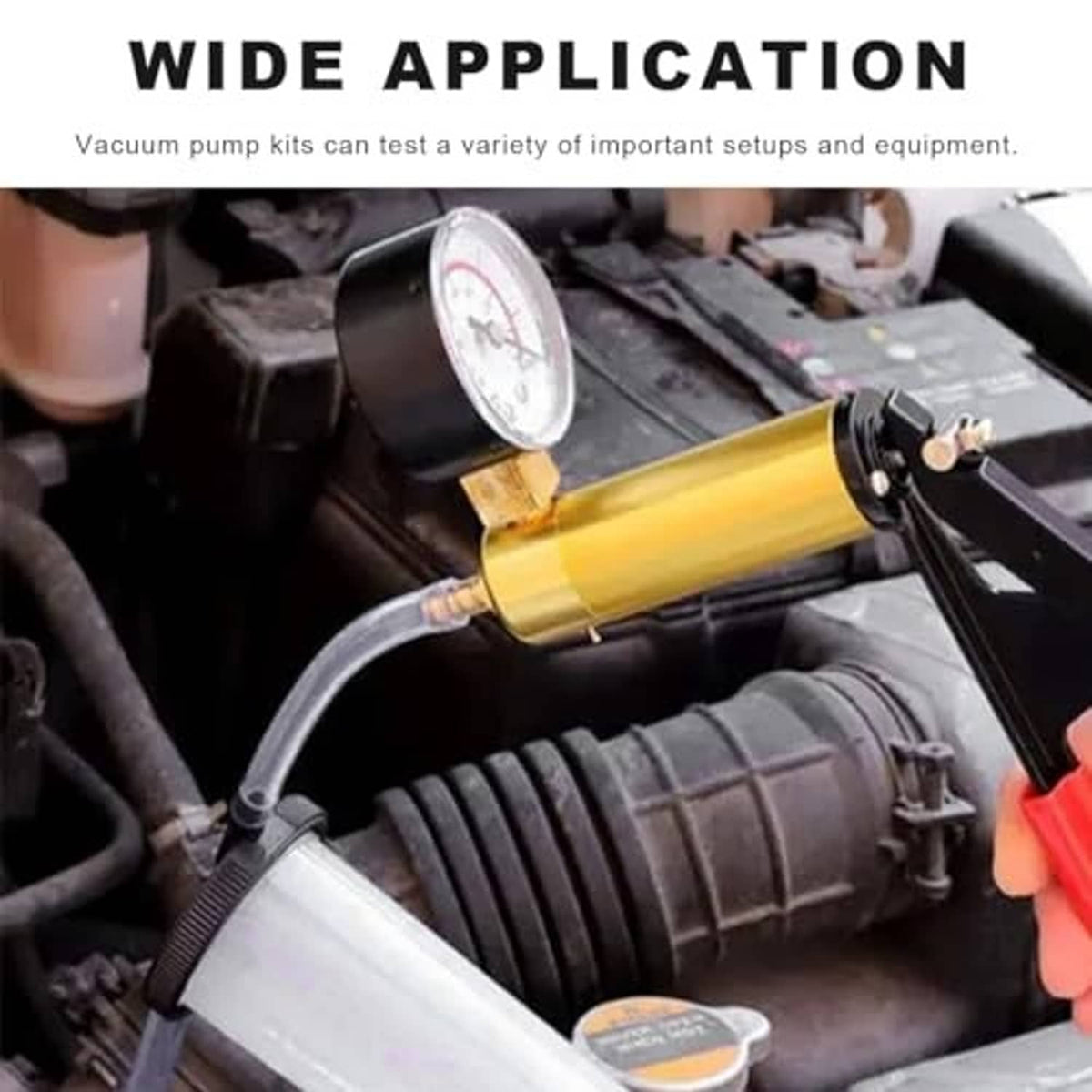 Brake vacuum pump connected to line with gold cylinder and pressure gauge
