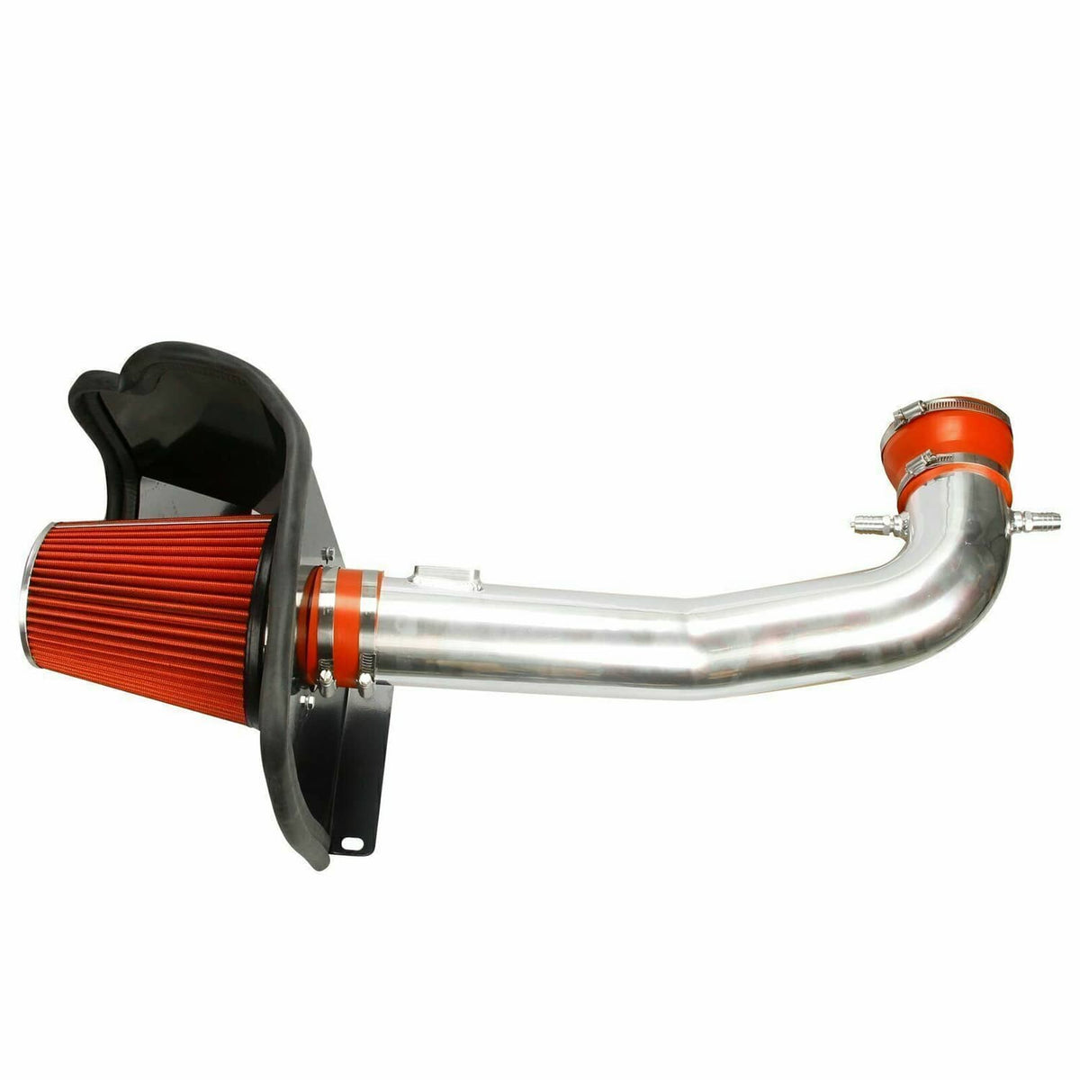 Cold air intake system with red cone filter, black shield, and long silver intake tube