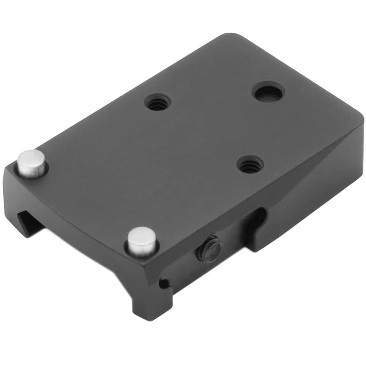 Picatinny rail mount base with two silver screws and four mounting holes