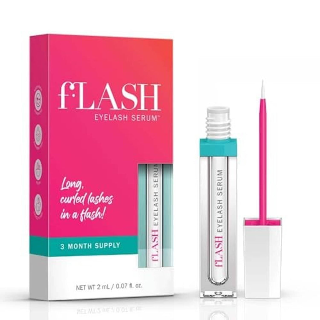 Flash eyelash serum box and applicator pen, pink and clear tube with teal cap