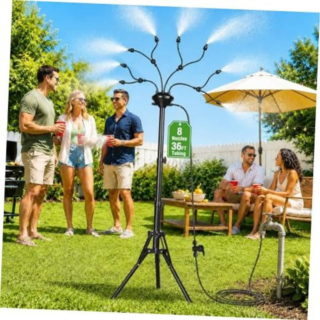 Outdoor standing misting system with black tripod and multi-nozzle spray head for patio cooling