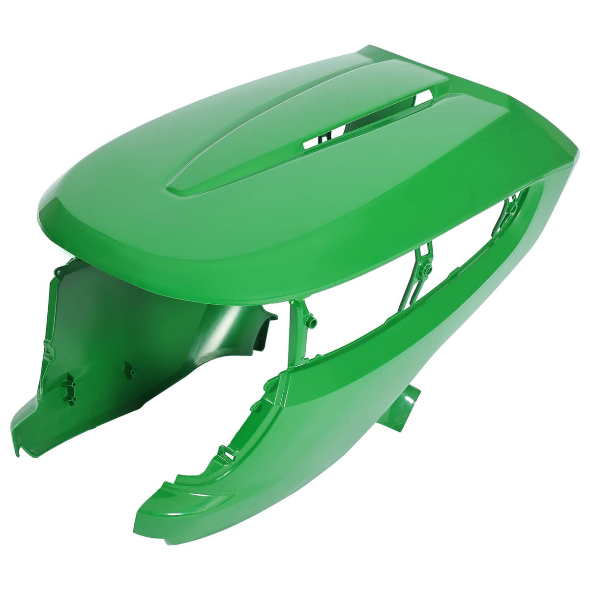 Green lawn mower hood assembly front cover with vent opening and side supports