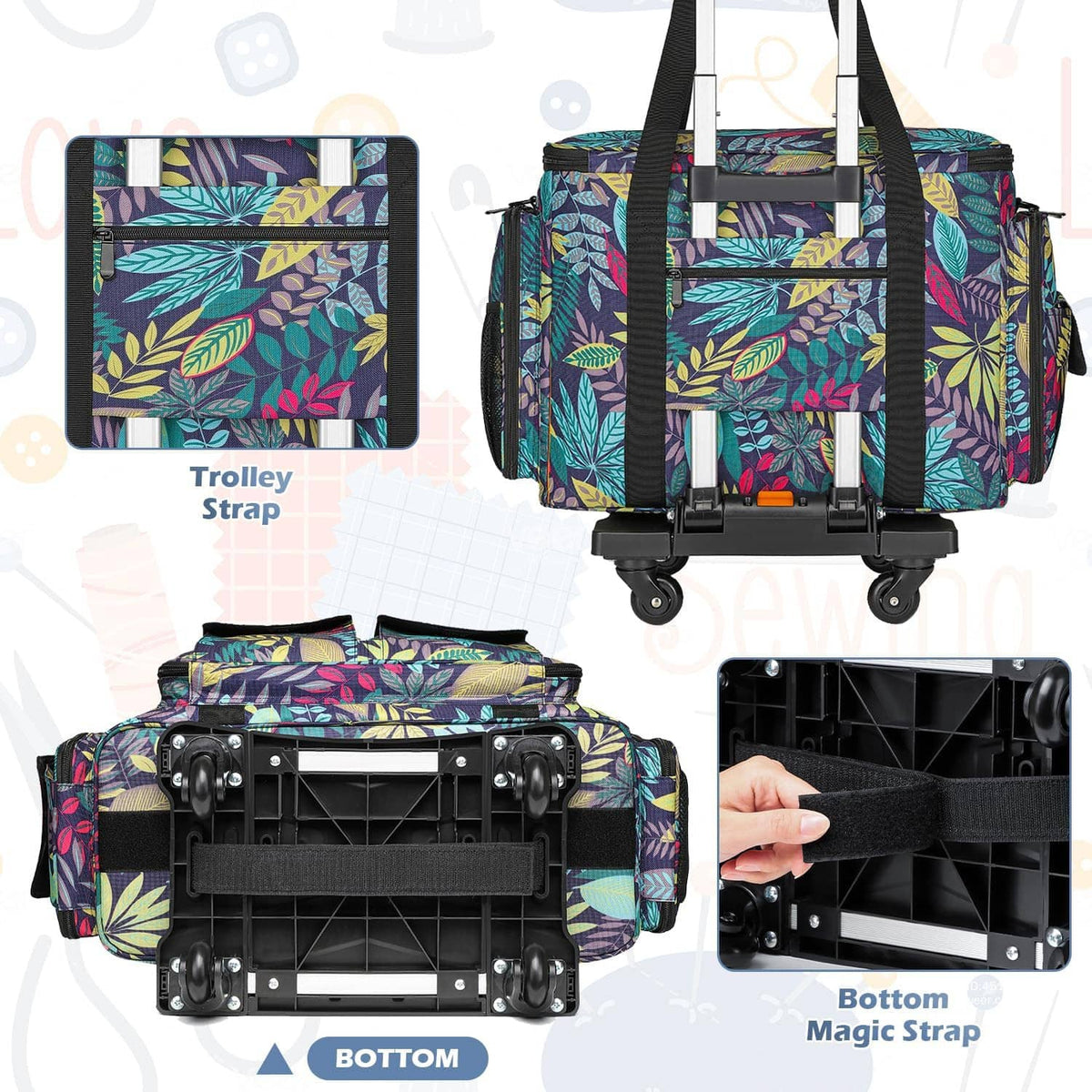 Rolling sewing machine tote with trolley strap detail and bottom storage compartment; leaf print.