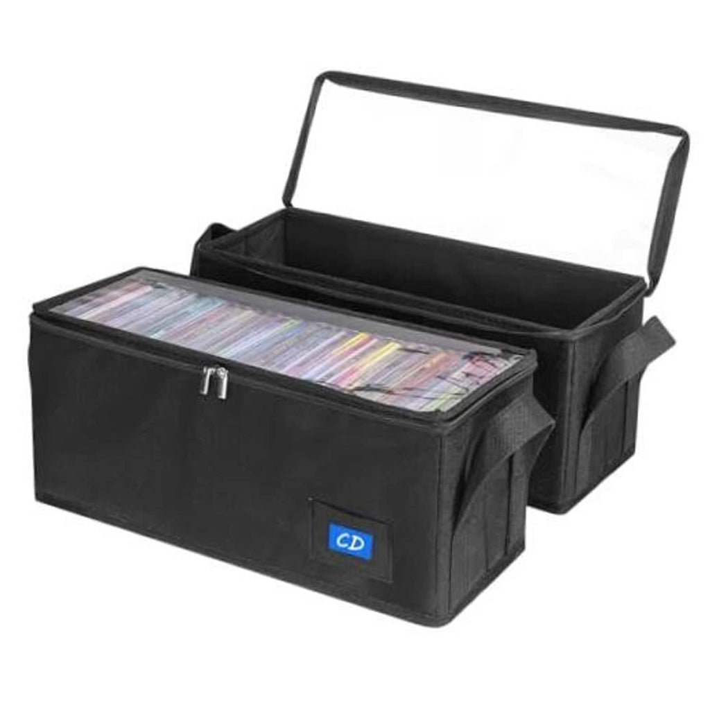 Black fabric CD storage box with clear hinged lid and carry handles
