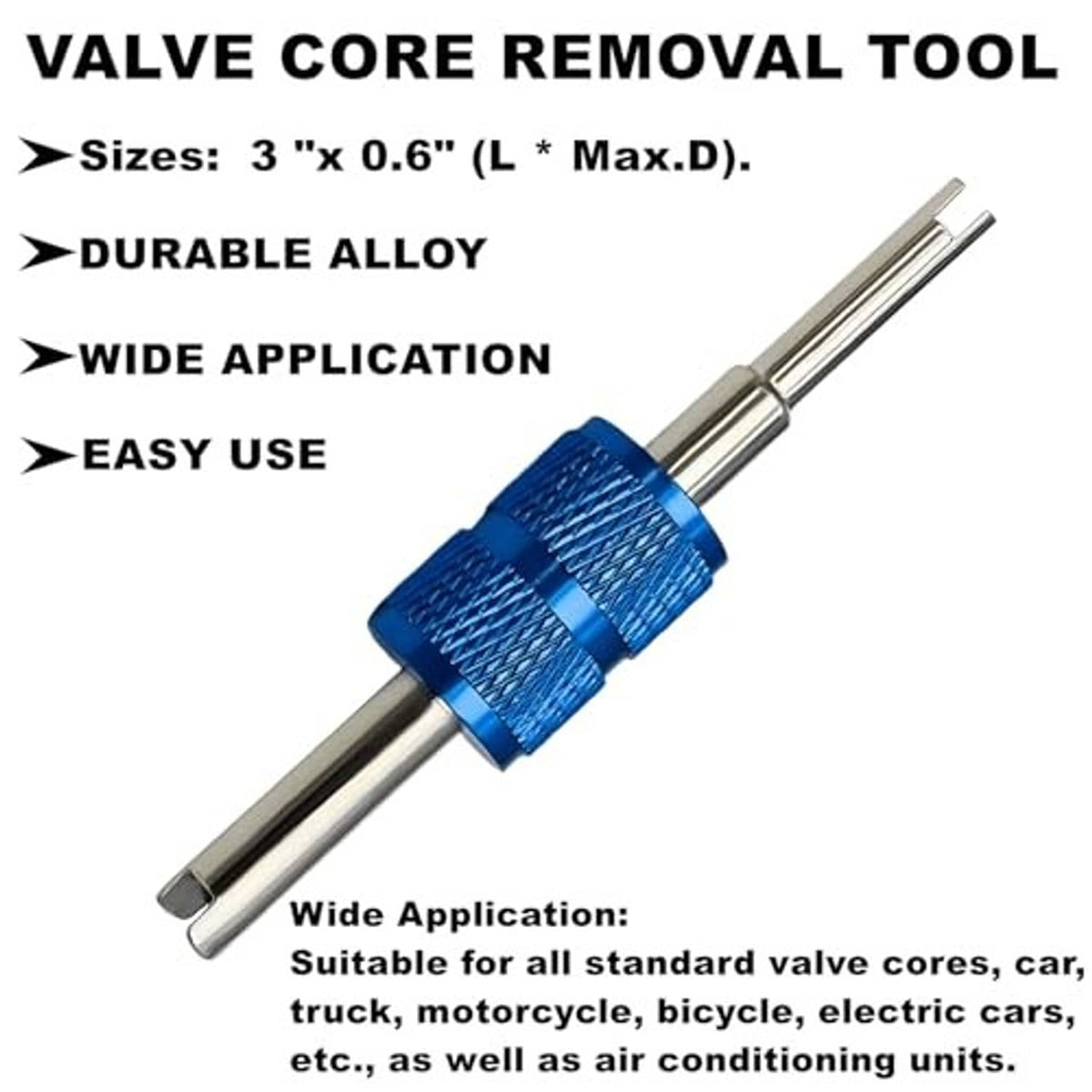 Valve core removal tool with blue grip and two metal rods
