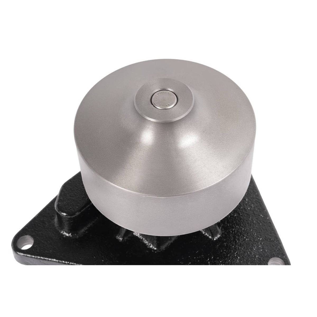 Water pump end view: silver circular cap on black base plate with mounting holes