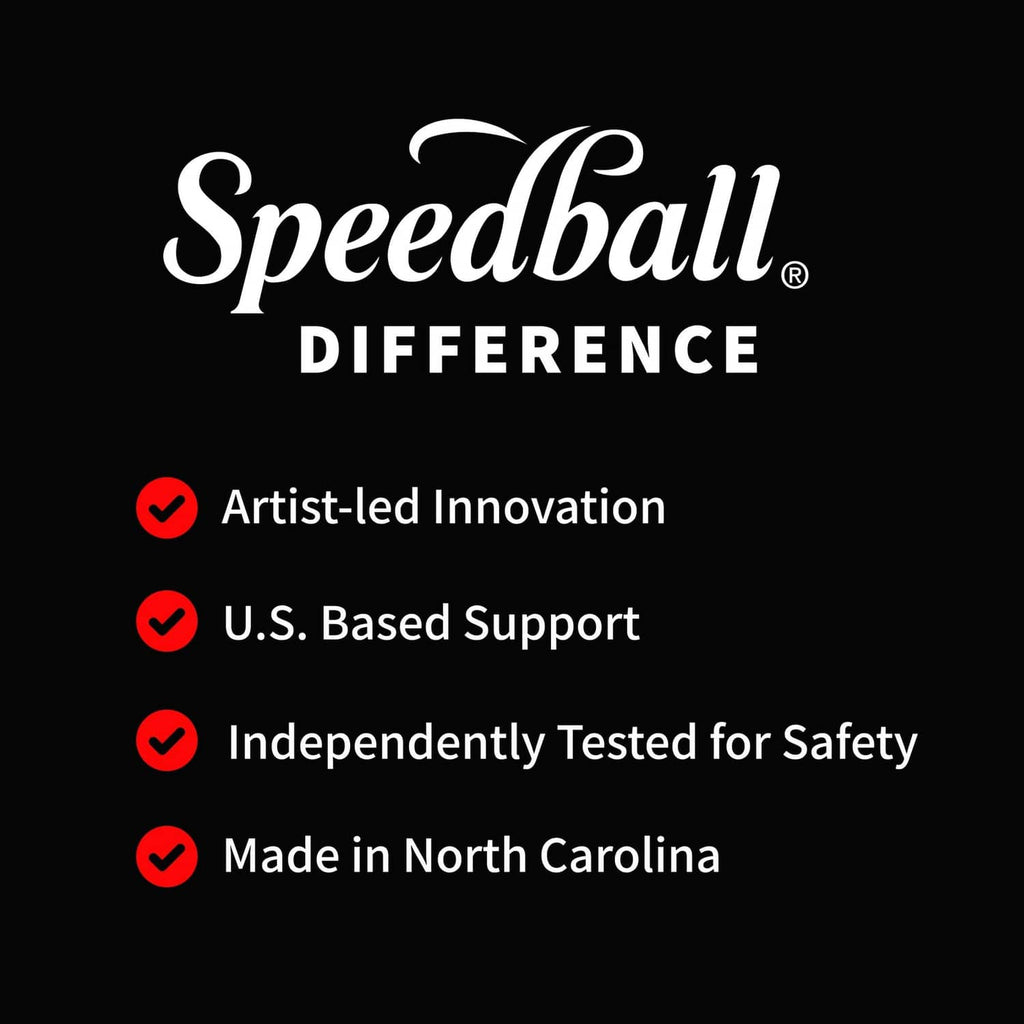 Speedball Difference brand graphic with safety and origin checkmarks