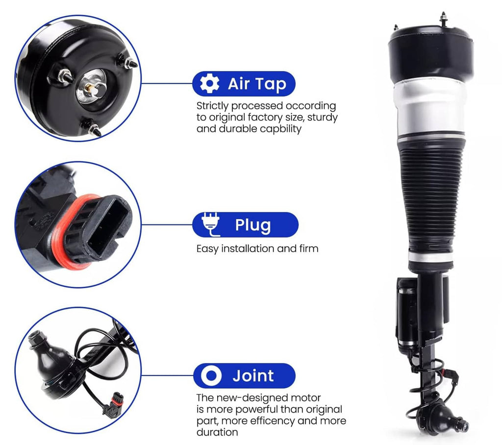Front right air suspension strut with air spring, wiring plug, and top mounting cup