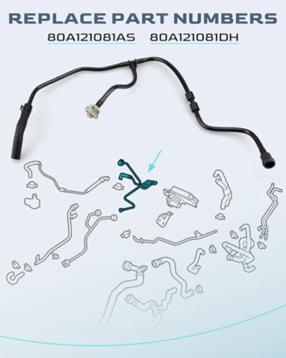 Black radiator coolant reservoir tank hose with connectors and replacement part numbers