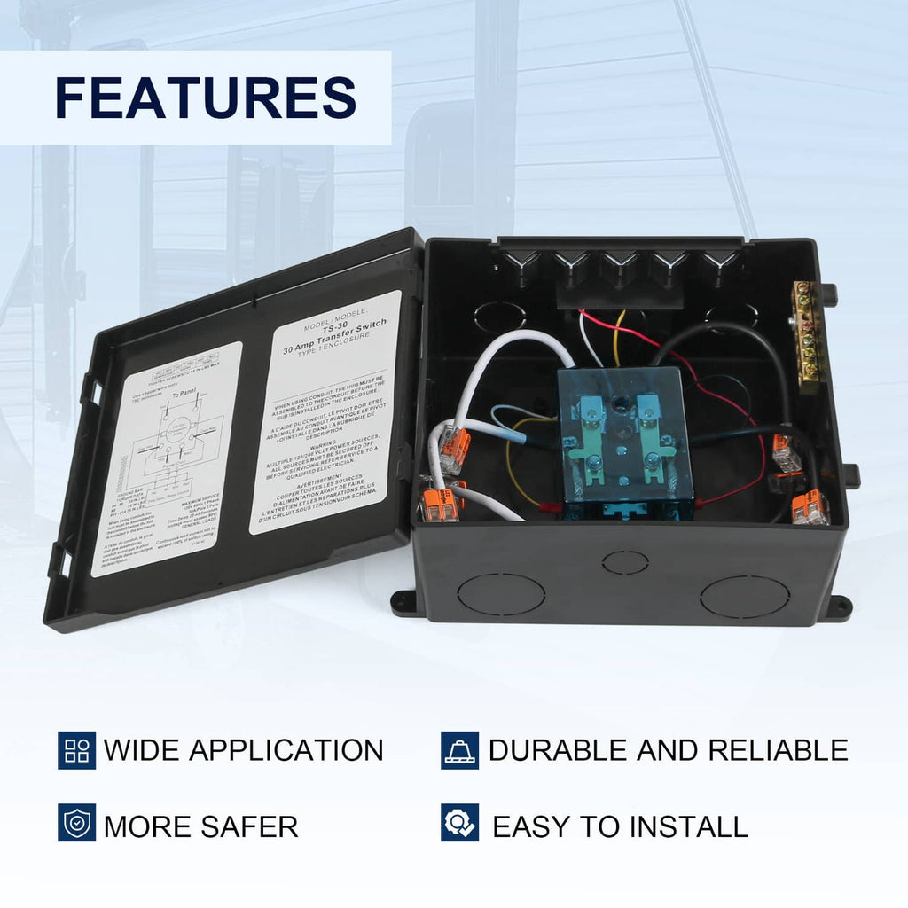 Automatic transfer switch enclosure with open cover showing control board and terminals