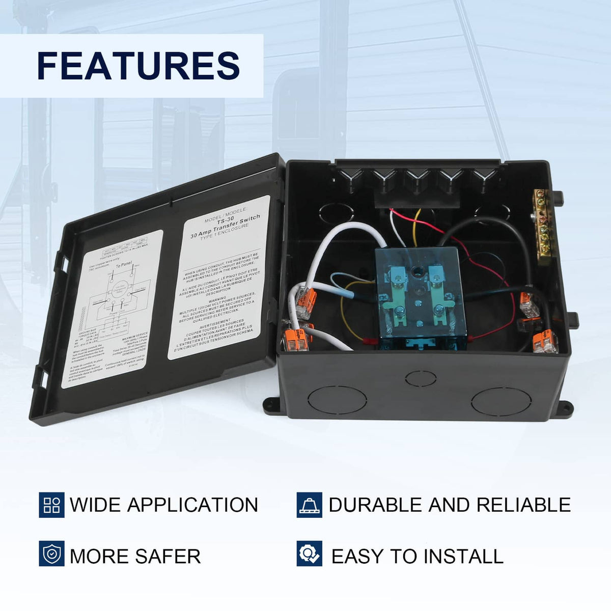 Automatic transfer switch enclosure with open cover showing control board and terminals