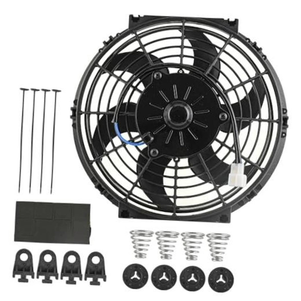 10-inch radiator cooling fan kit with black fan grille, connector, and mounting hardware