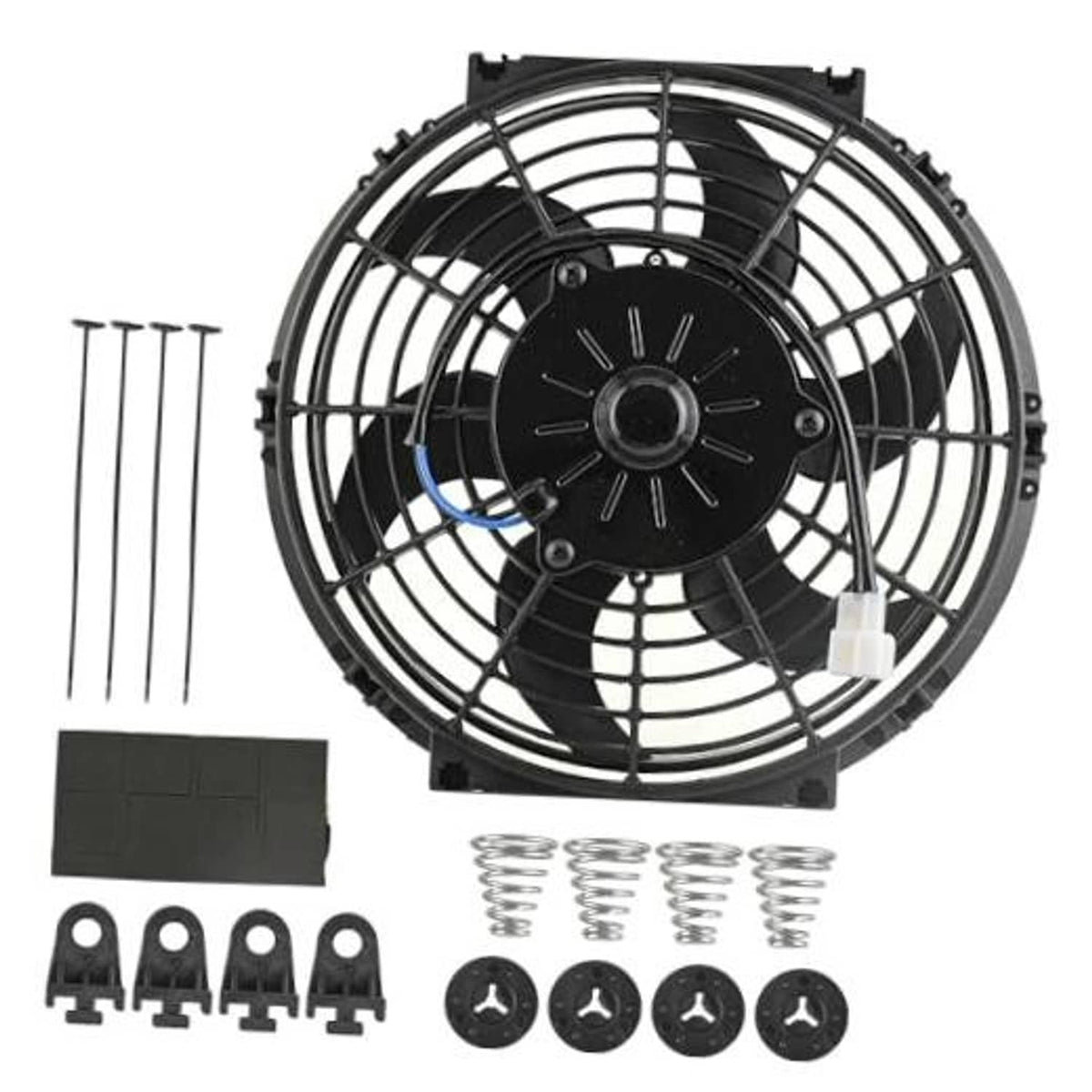 10-inch radiator cooling fan kit with black fan grille, connector, and mounting hardware