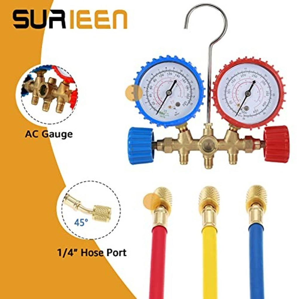 Refrigeration gauge manifold with two pressure gauges and brass hose connections