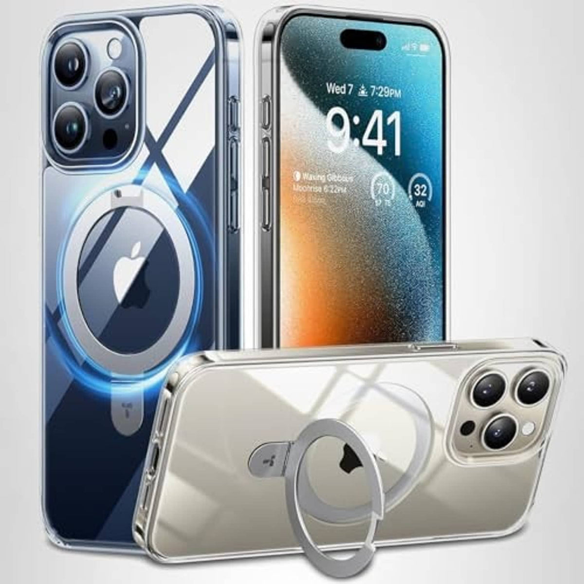 Magnetic ring stand iPhone case with crystal-clear frame and camera cutouts, blue and light gray