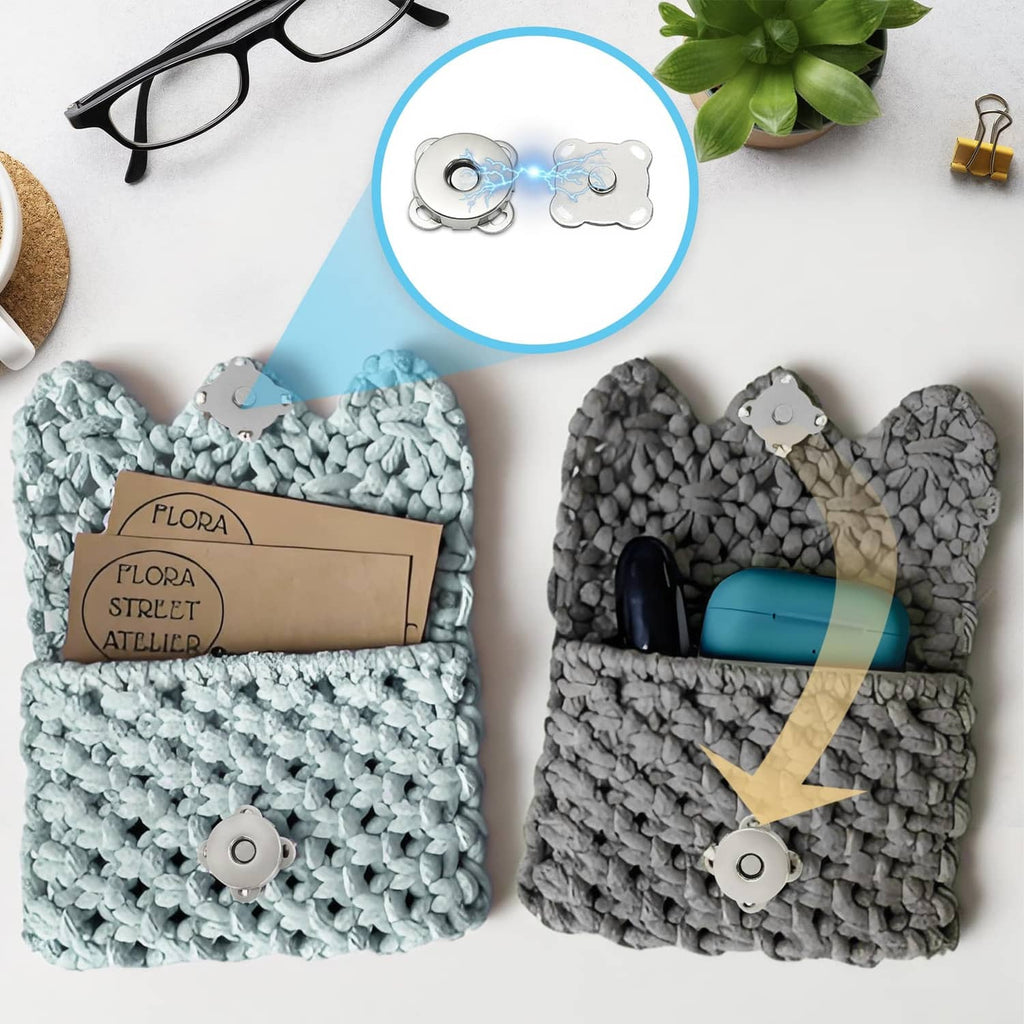 Silver magnetic snap buttons on fabric pouches, bear-shaped plates and round discs