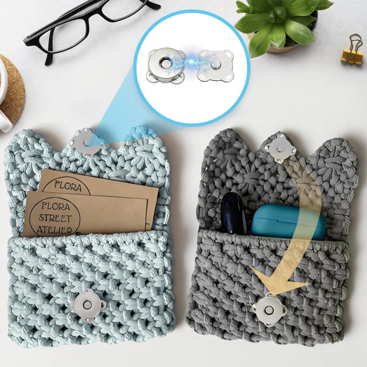 Silver magnetic snap buttons on fabric pouches, bear-shaped plates and round discs
