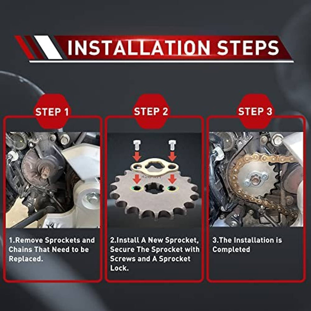 Motorcycle front sprocket installation steps with mounting screws and chain link