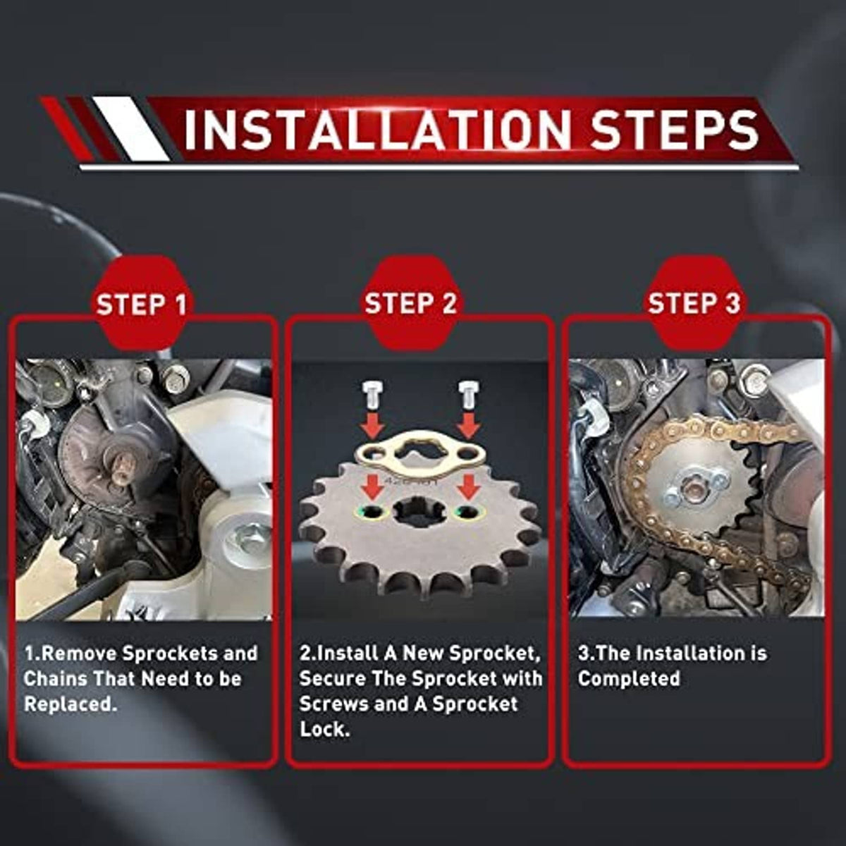 Motorcycle front sprocket installation steps with mounting screws and chain link