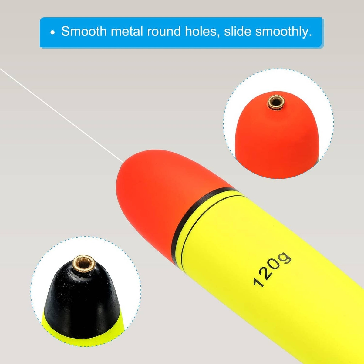 120g slip bobber with metal eyelet, red top, yellow body, black base