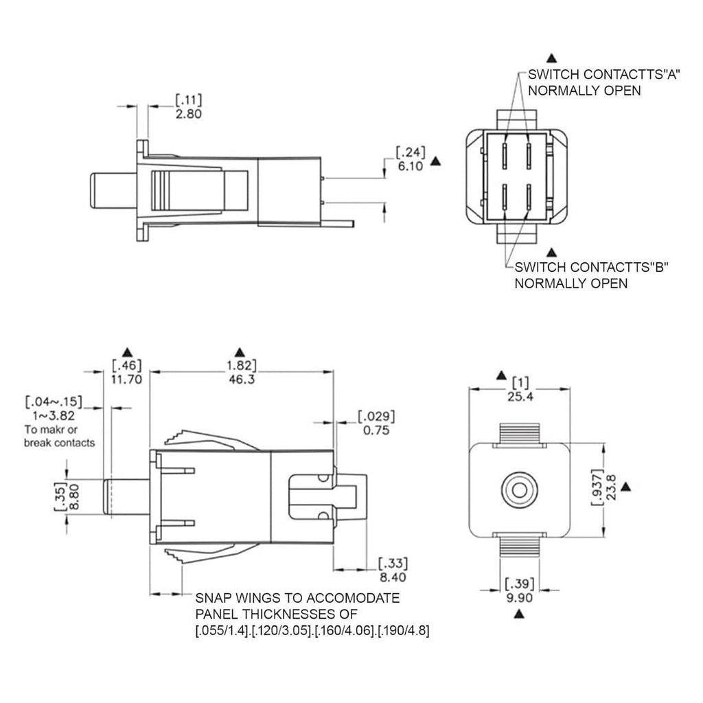 Interlock safety switch contact terminal view with labeled dimensions diagram