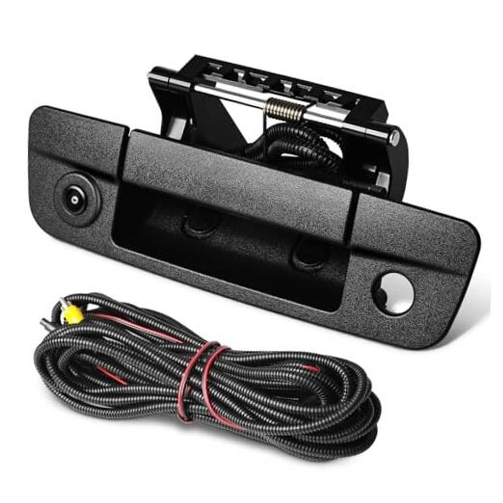 Rear tailgate handle backup camera with mounting plate and black wiring harness