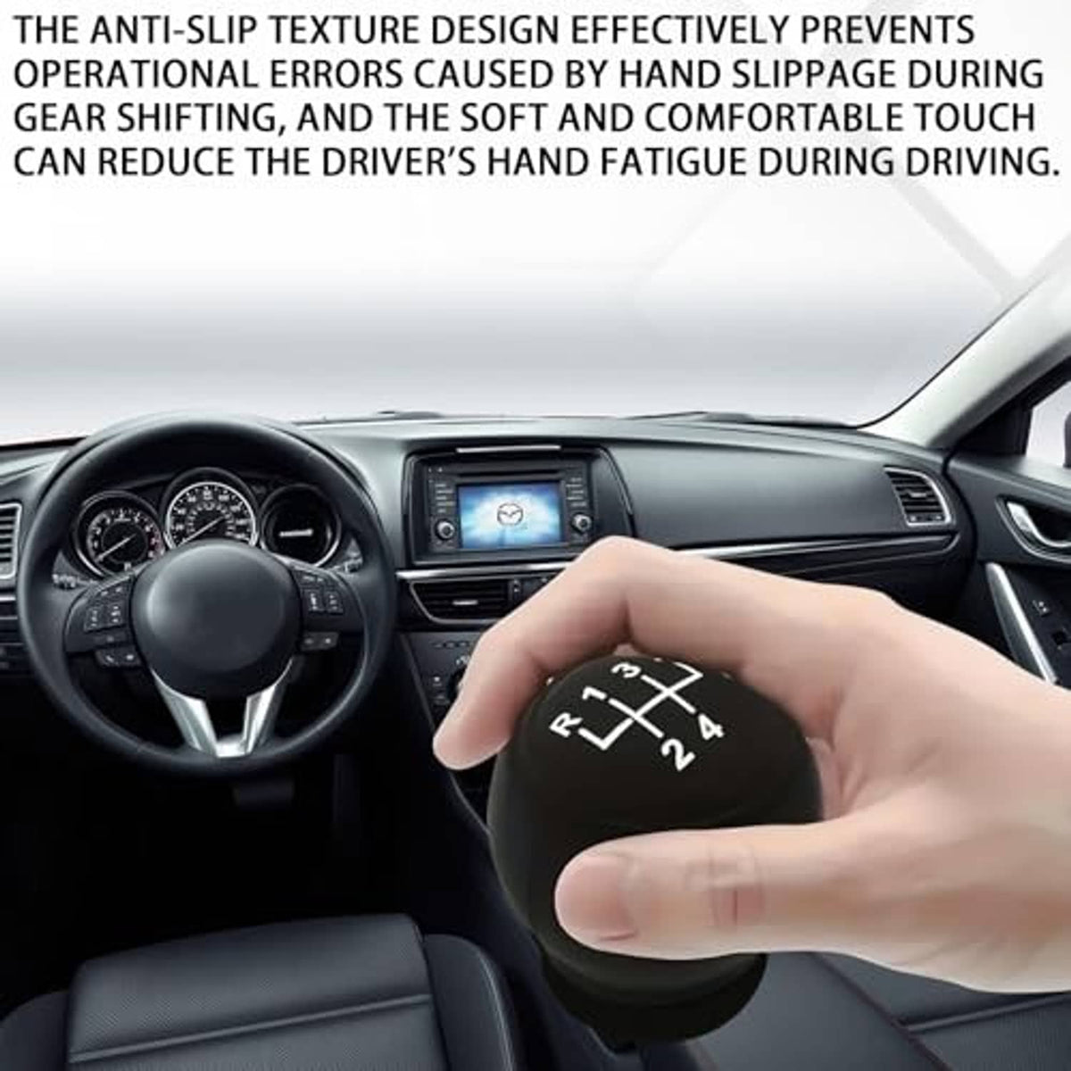 Black manual gear shift knob cover installed on a center console with shift markings