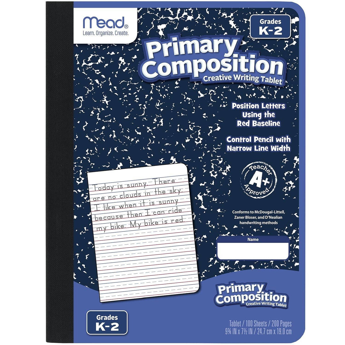 Mead Primary Composition notebook with blue speckled front cover and dark spine, Grades K-2
