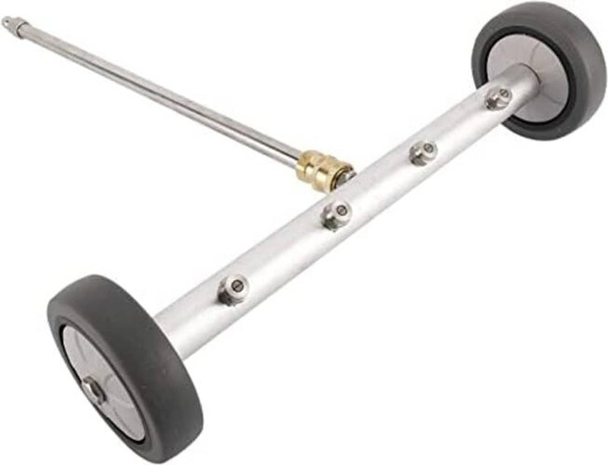 Silver undercarriage power cleaner attachment with two black wheels and brass joint