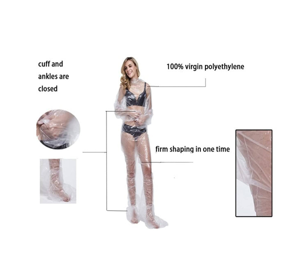 Clear disposable plastic body wrap suit with closed cuffs and ankle coverage