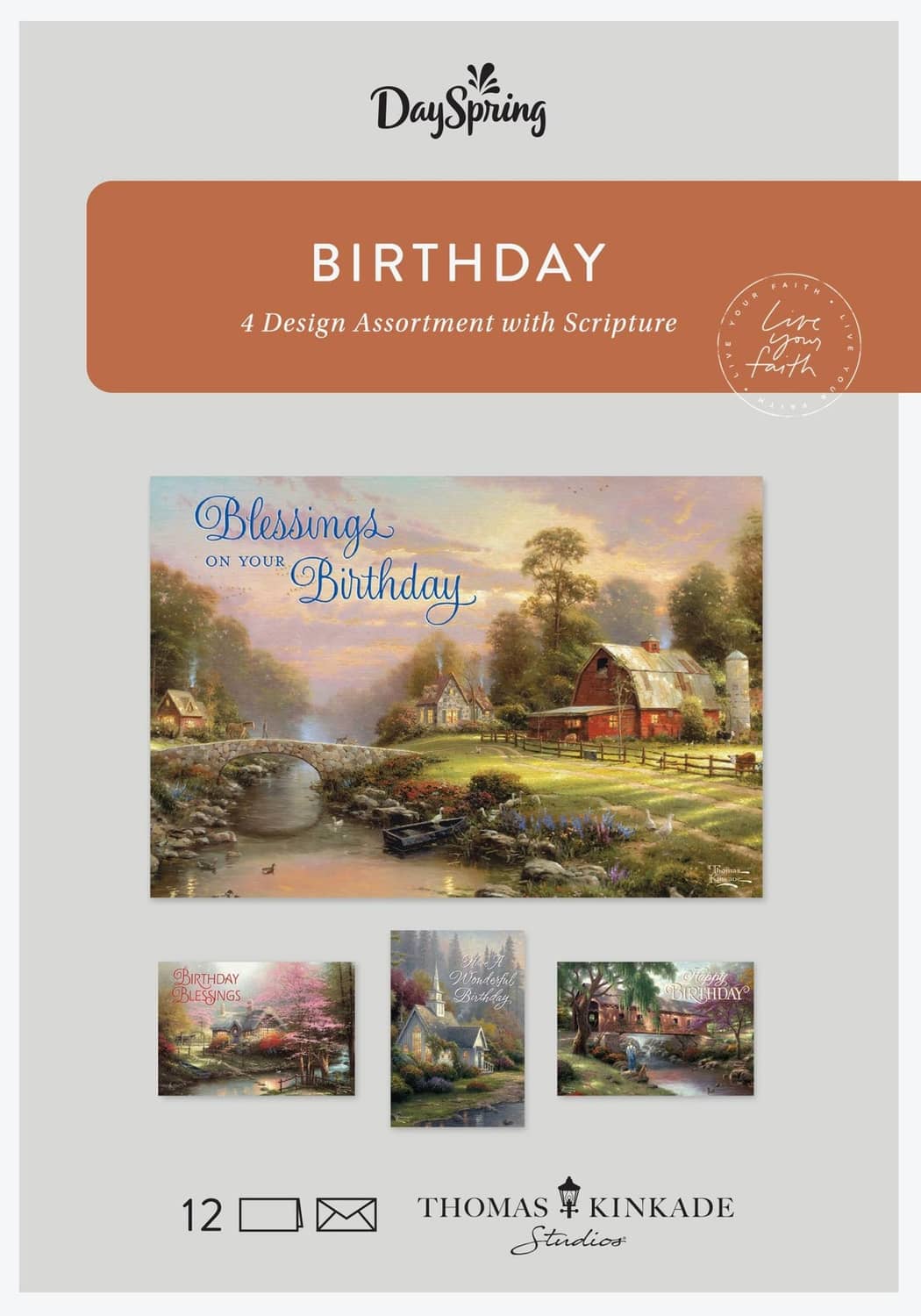 Dayspring boxed birthday cards set with Thomas Kinkade artwork, four card designs