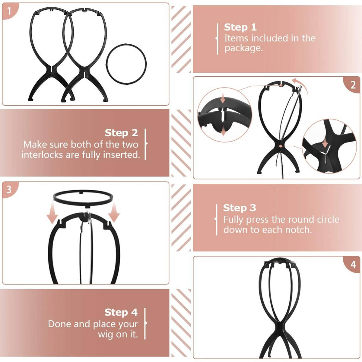 Wig head stand with included circular ring for assembly; black hourglass base