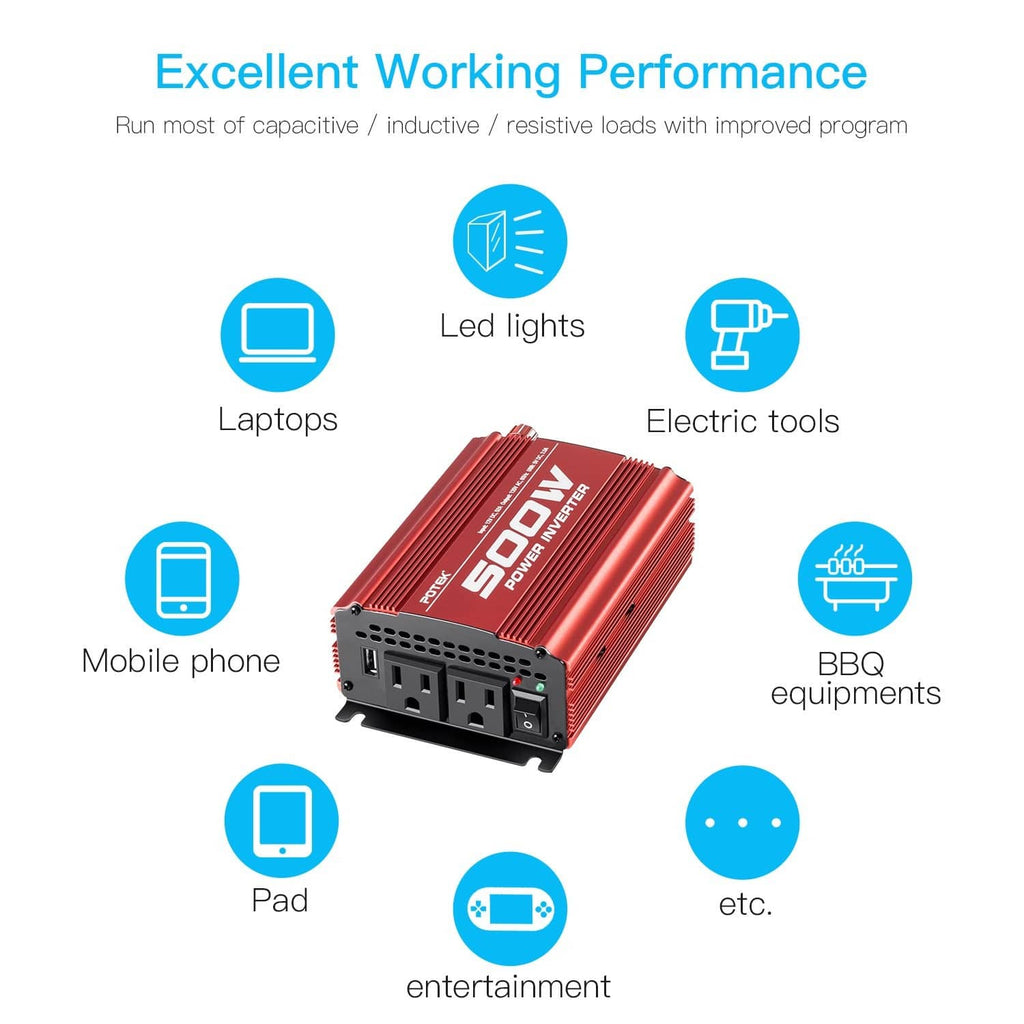 Red Potek 500W inverter with LED lights and compatibility icons for devices