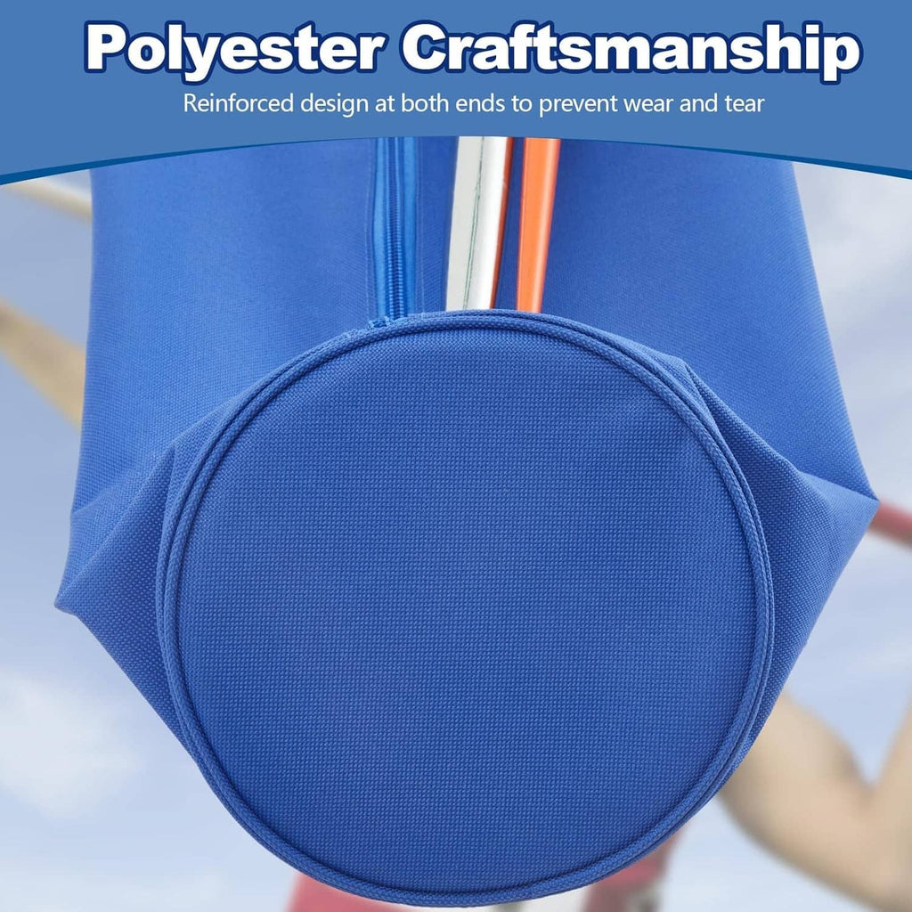 Blue polyester javelin bag end cap with reinforced fabric and zipper seam