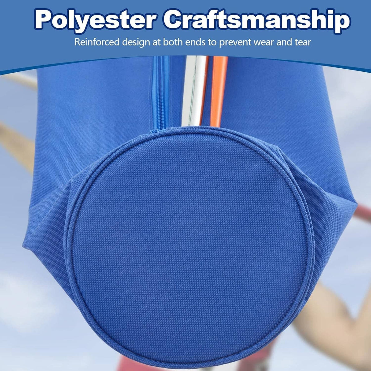 Blue polyester javelin bag end cap with reinforced fabric and zipper seam