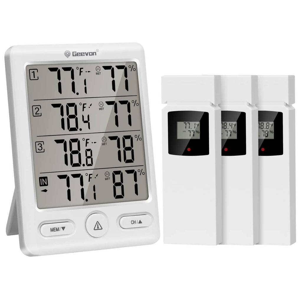 Wireless indoor outdoor thermometer with LCD display and three white remote sensor units