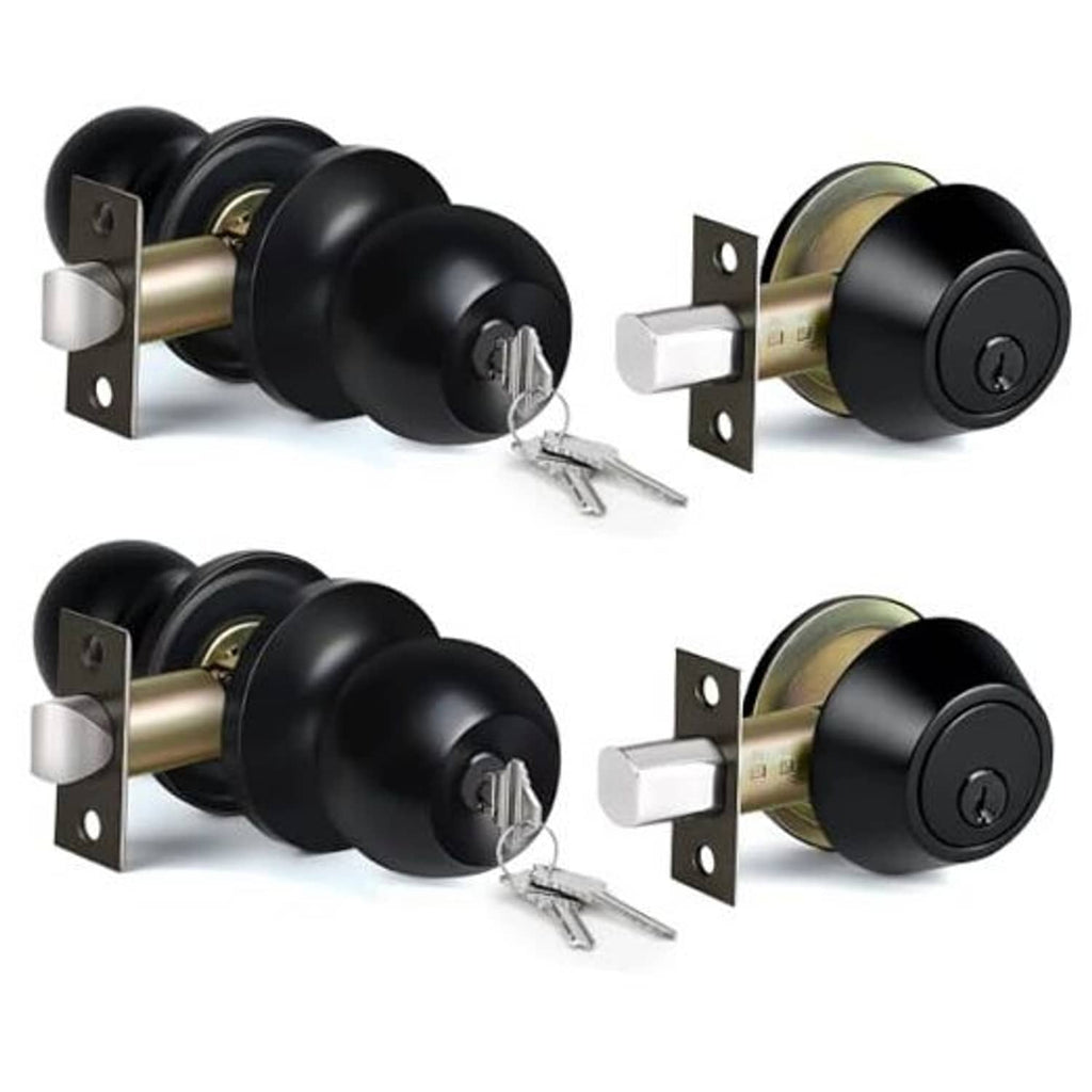 Matte black keyed-alike door knob and deadbolt lockset set with mounting plates and keys