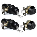 Matte black keyed-alike door knob and deadbolt lockset set with mounting plates and keys