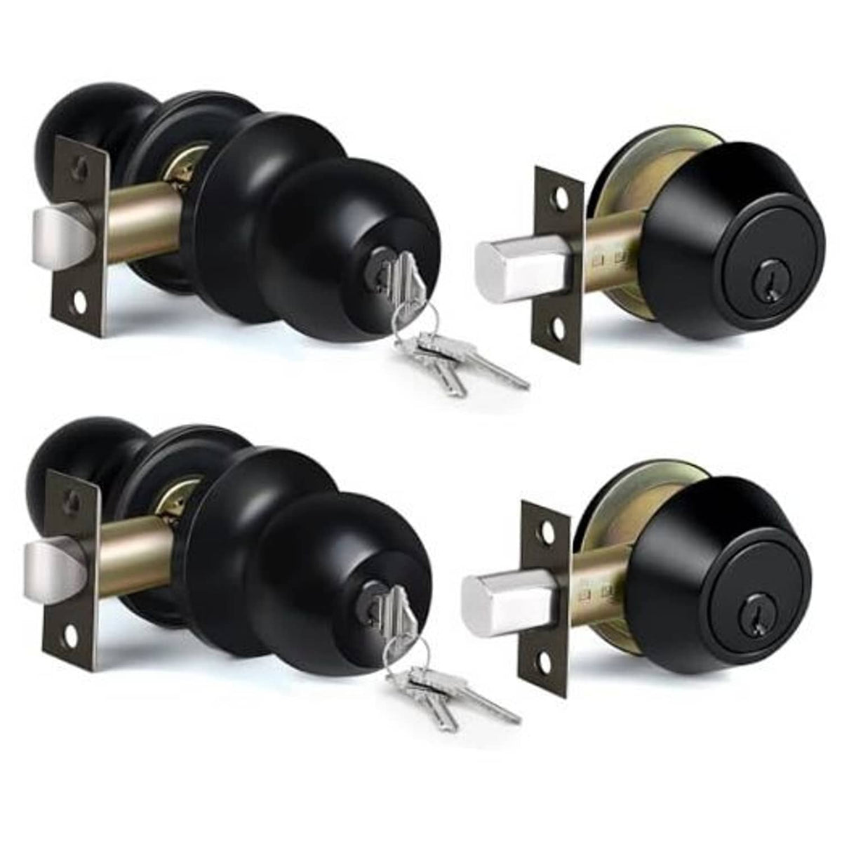 Matte black keyed-alike door knob and deadbolt lockset set with mounting plates and keys