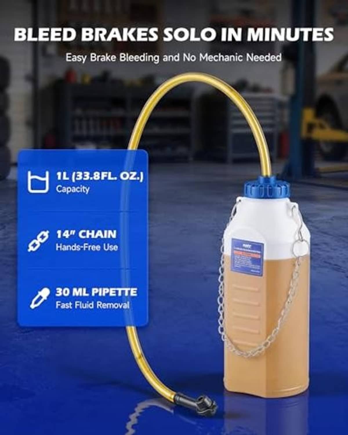 Brake bleeder bottle kit with white 1L bottle, blue cap, and 30 ml pipette extractor