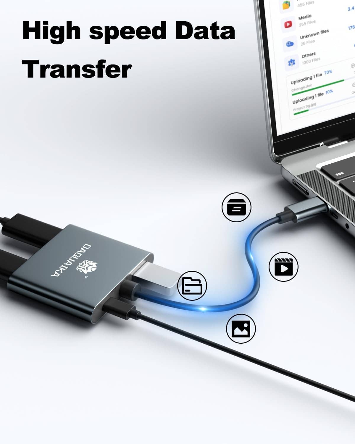 Grey USB-C dual HDMI adapter with data transfer connection cable and ports