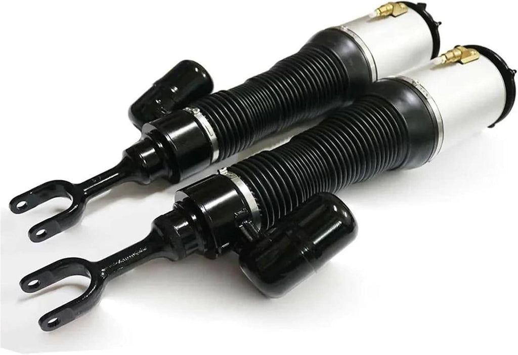 Front air suspension strut shocks pair, side view with black bellows and silver body