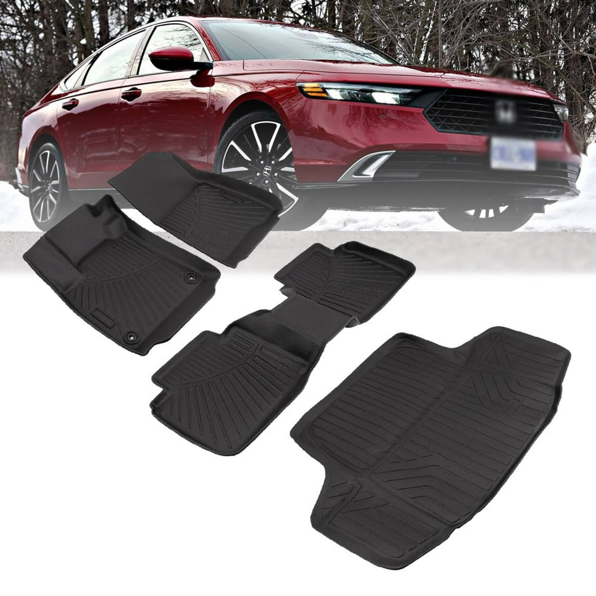 Black rubber car floor mats set with raised channels and protective ridges