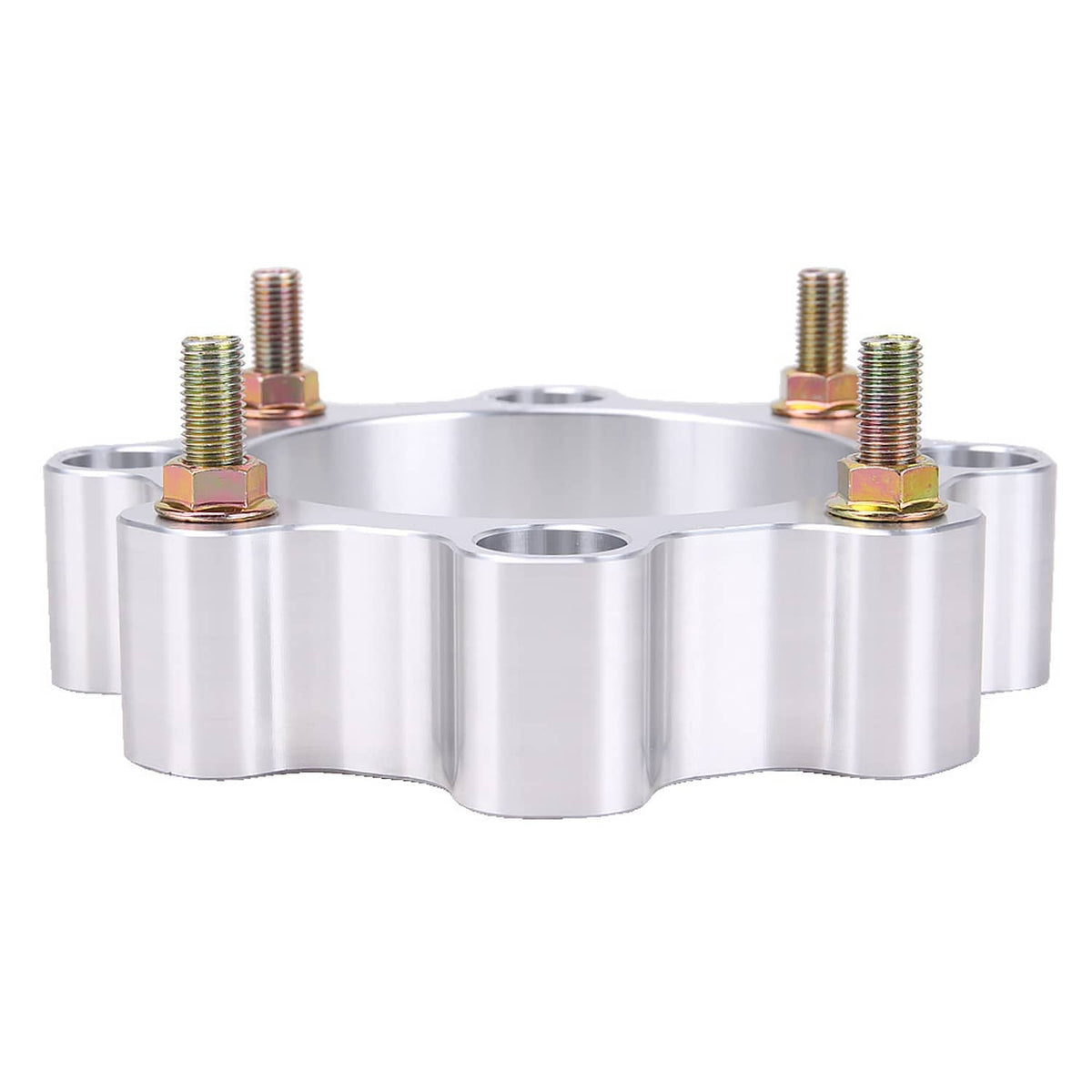 Single silver aluminum front wheel spacer with five gold-threaded studs on top