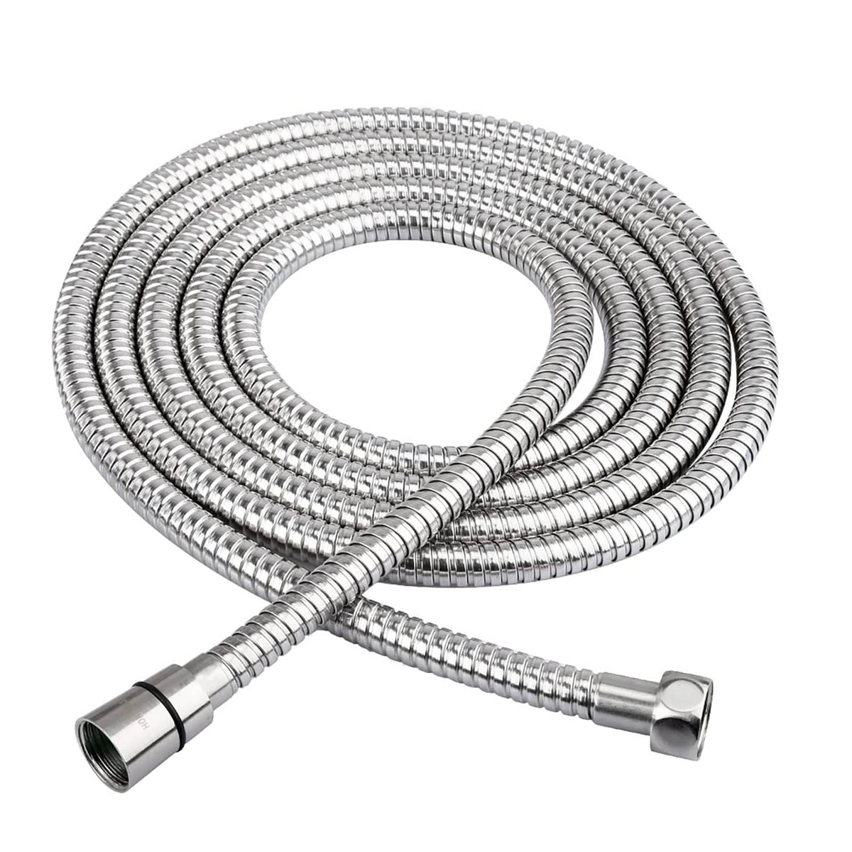 Stainless steel shower hose with coiled metal tubing and two end connectors